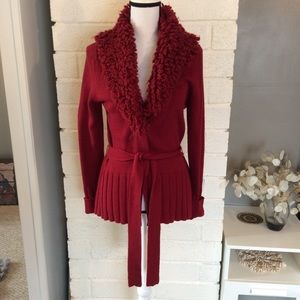 CAbi Red Curly Collar Knit Cardigan Sweater